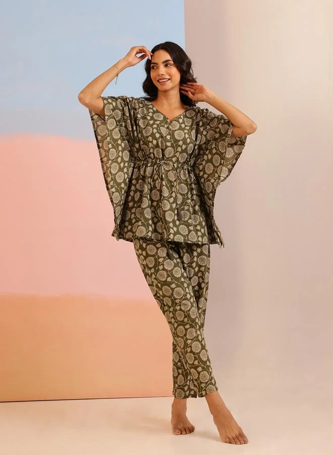 Sanskrutihomes  Women Pure Cotton Floral Printed Kimono Top and Pyjama Set for Women | Best Price UAE